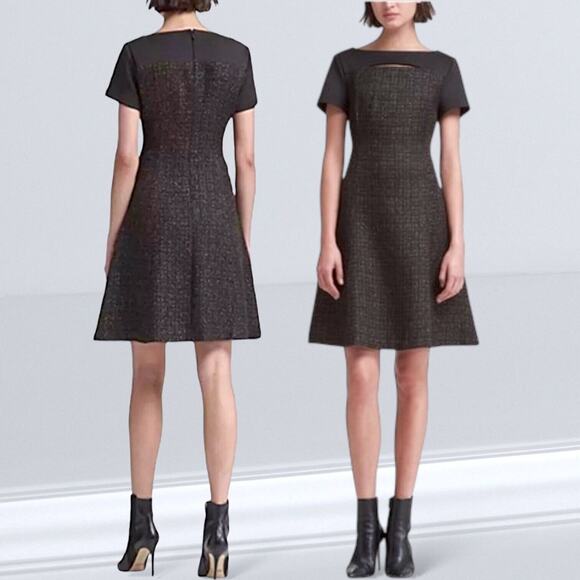 DKNY Mixed Media Metallic Black Dress A-Line Flare Tweed Gold Cocktail Chic